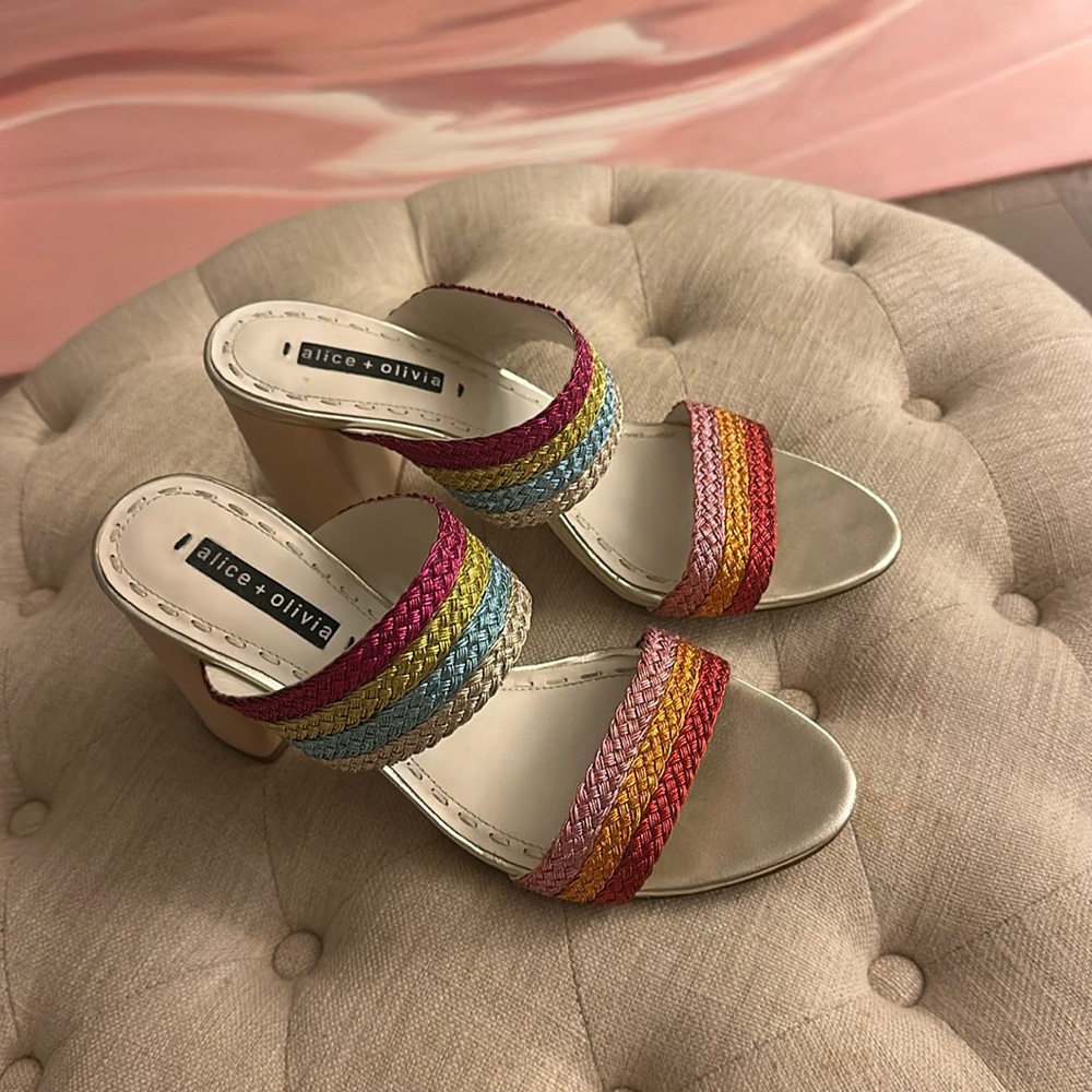 Alice and Olivia shoes / heeled / size 10.5 / pink yellow blue gold orange
